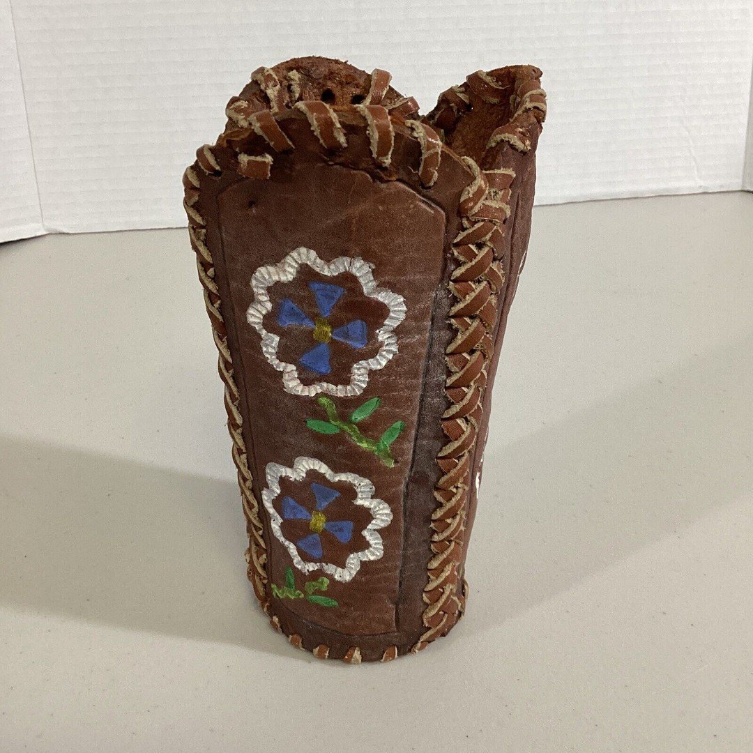 Vintage Handcrafted Native American Style Leather Vase Western Flower - READ