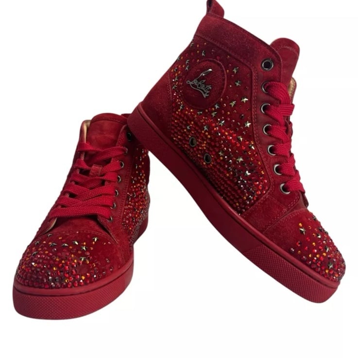 Christian Louboutin High Top Sneakers Shoes Crystals RED Stars •GUC 35 1/2 -5.5