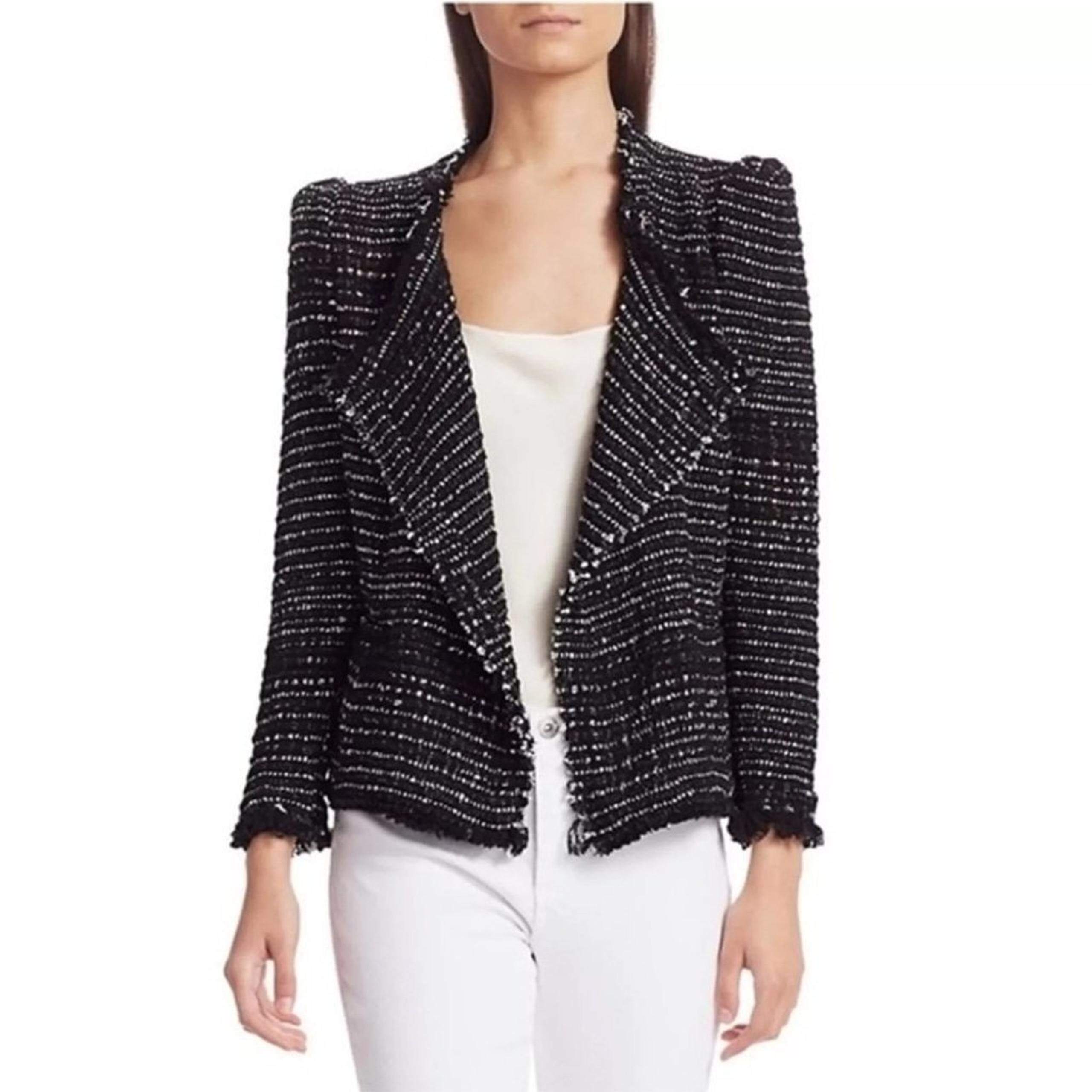 IRO Diana Tweed Open Waterfall Front Fringe Jacket Black White Size 36 Small