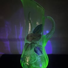 Large 13” Gold/Floral Painted Uranium Glass Pitcher