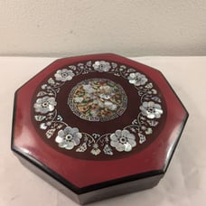 Vintage Korean Lacquered Wooden Box Mother of Pearl Inlaid 5 Compartment Box