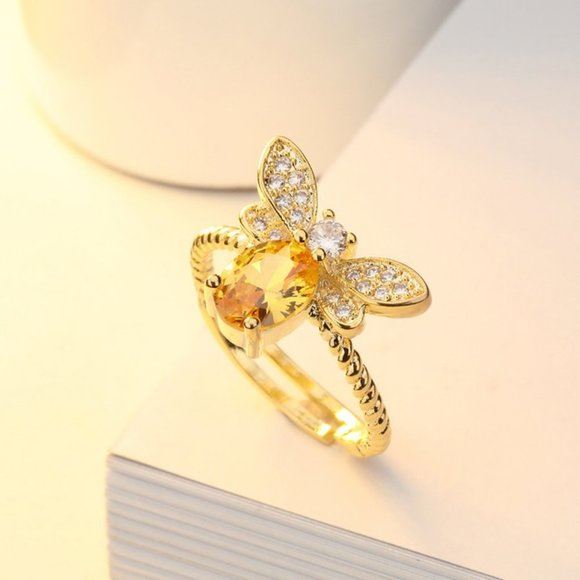 NEW 18K Gold Citrine Bee Adjustable Ring