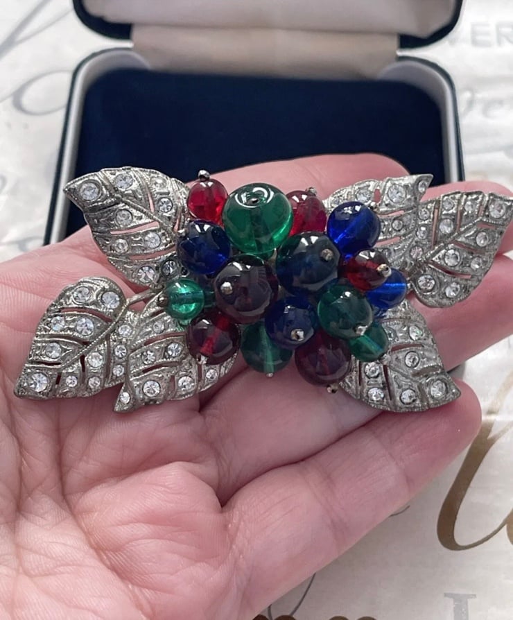 Miriam Haskell brooch Vintage Antique Early 1940’s WW2 era Multi Color Glass Fru