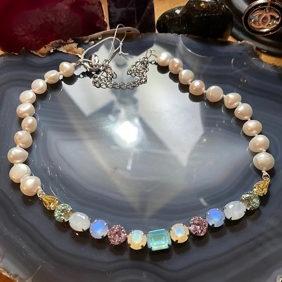 Sorrelli Seersucker Swarovski Crystal Baroque Pearl & Silver Necklace NWT