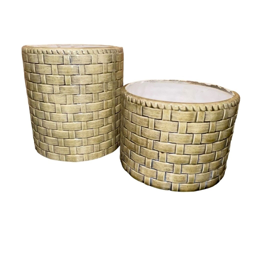 Vintage MCM Green Woven Pot Planter Setof 2, 5 H x5”W, 4” H x 5” W Ceramic VGUC