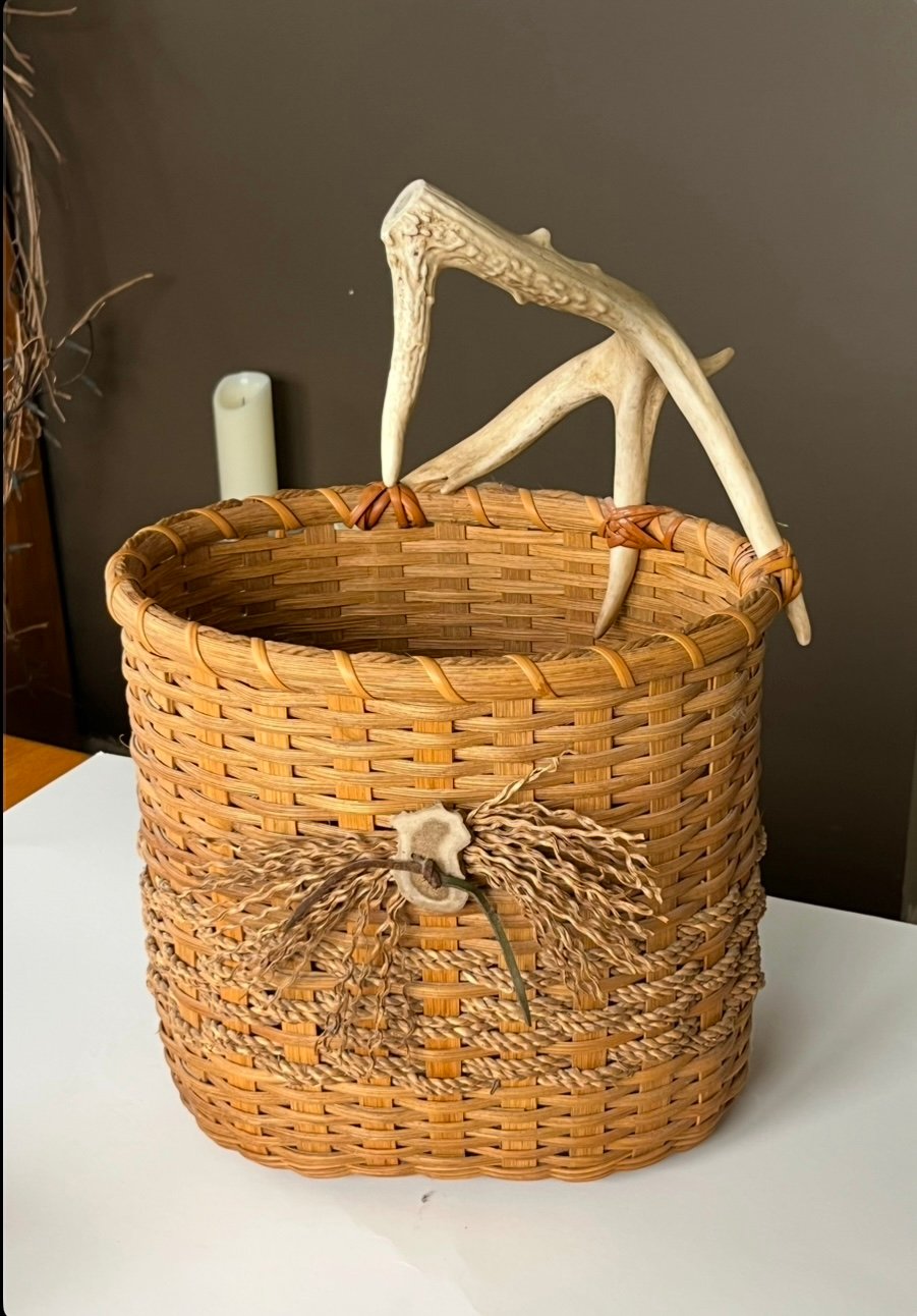 Judi Raddant hand crafted gathering basket wood reed & sea grass, antler handle