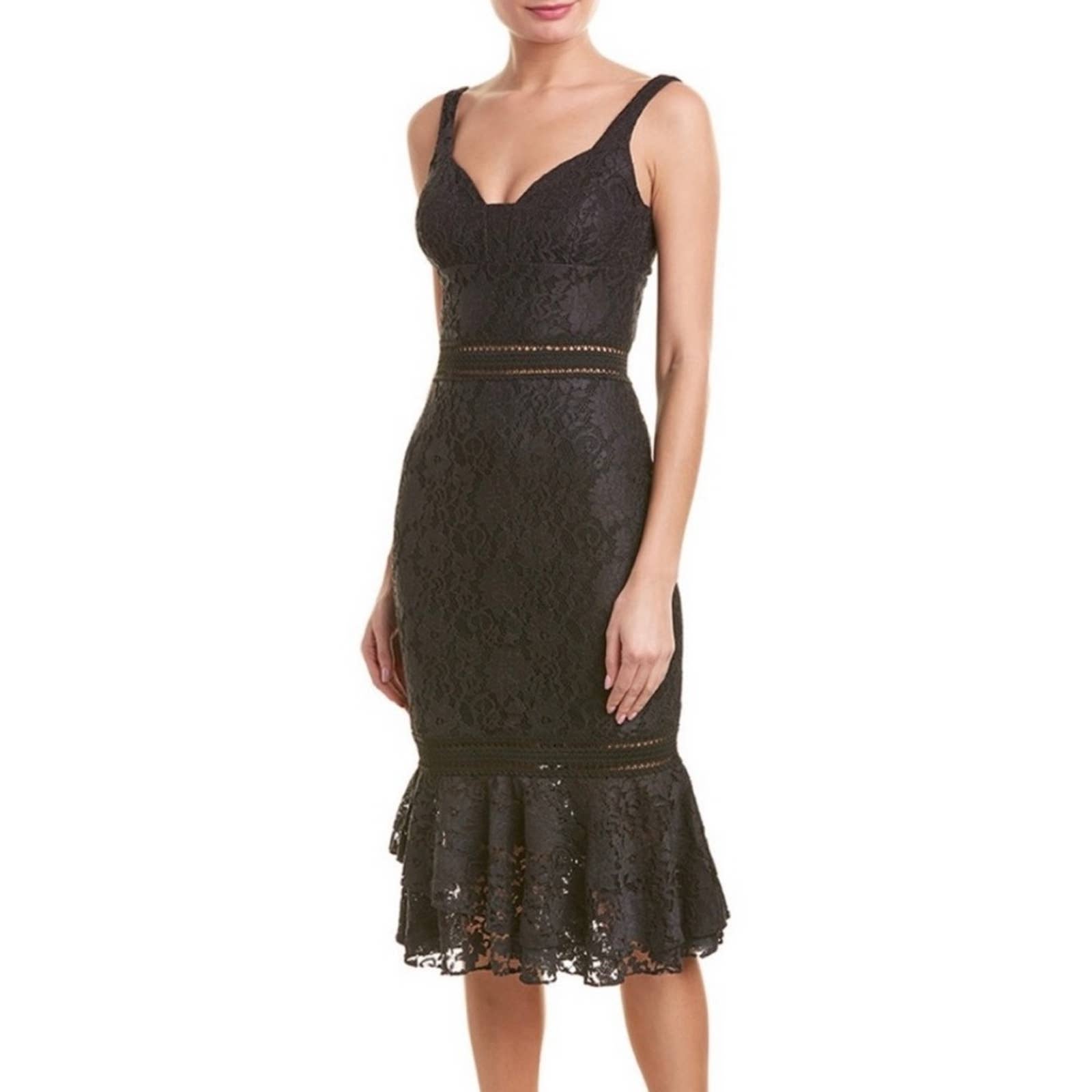 PatBO Black Floral Lace Peplum Cut Out Mesh Trumpet Dress Sz 2 NWT