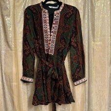 ZARA Deep Burgundy Green Boho Jacquard Long Sleeve Ribbon Tie Dress L NWT