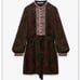 ZARA Deep Burgundy Green Boho Jacquard Long Sleeve Ribbon Tie Dress L NWT