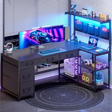 L Shaped Computer Desk with 5 Drawers and Storage Shelves, Corner Office Desk