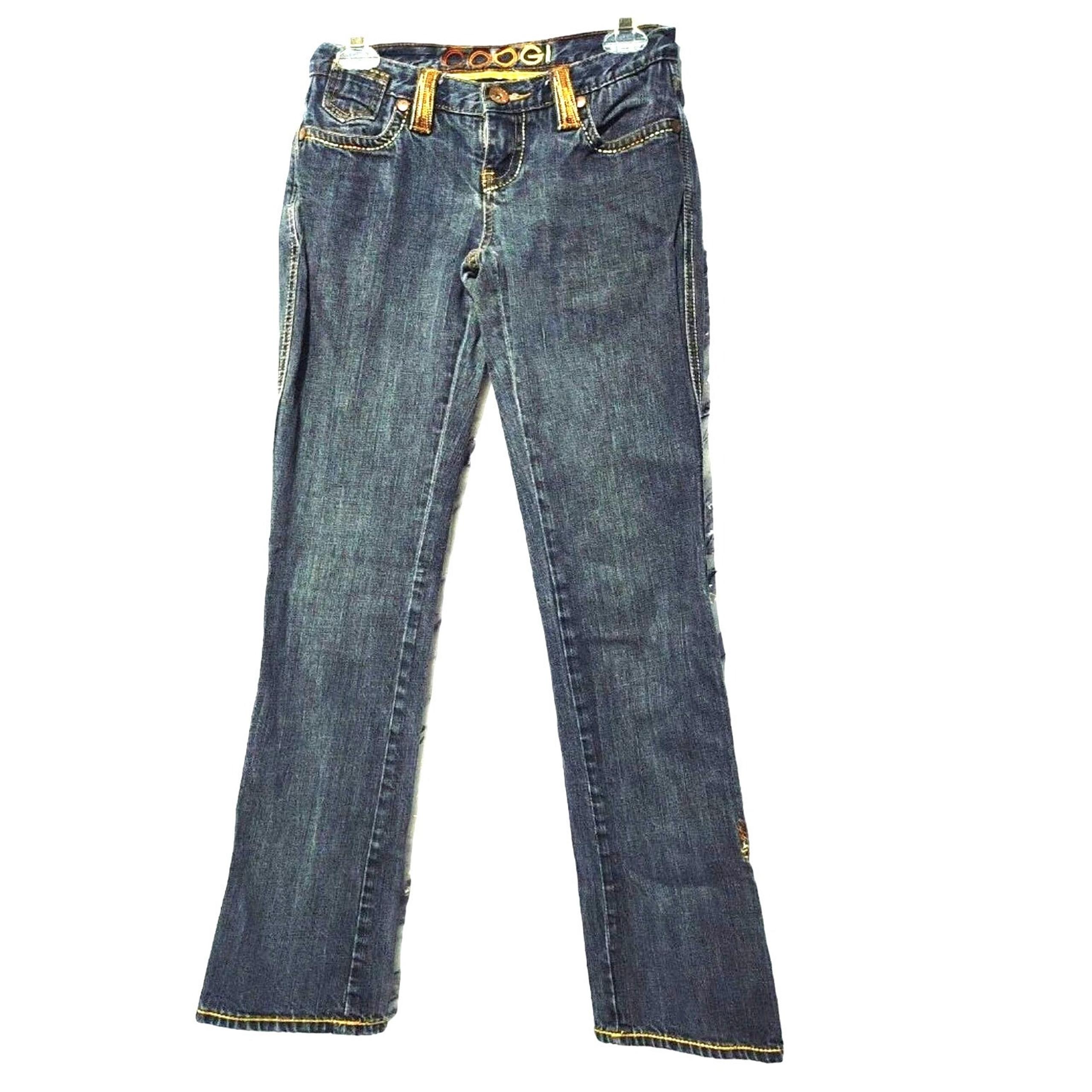 Coogi Vintage Embroidered Distressed Straight Leg Jeans Low Rise Blue Womens 3/4