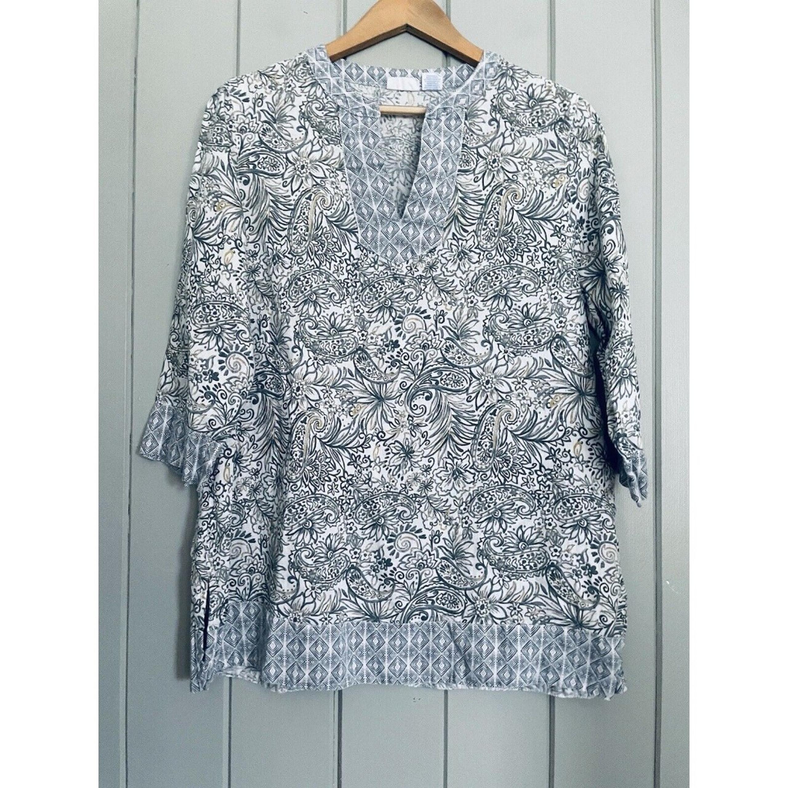 Sigrid Olsen Tunic Top L Large 100% Linen V-Neck Floral Paisley Green Blue Boho