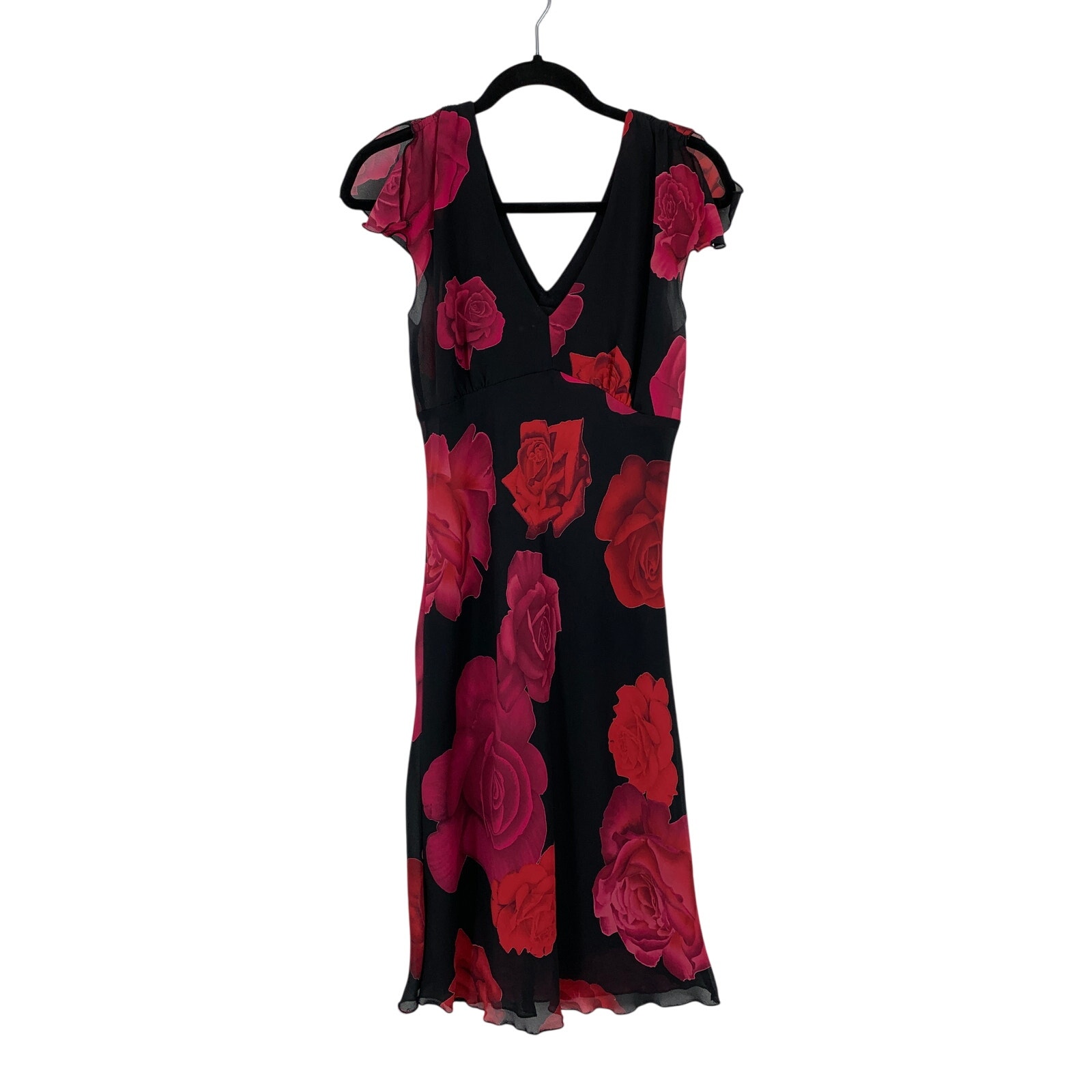 Vintage Y2K Midi Dress Womens Sz Small Black Red Pink Rose Print Flutter Sleeve