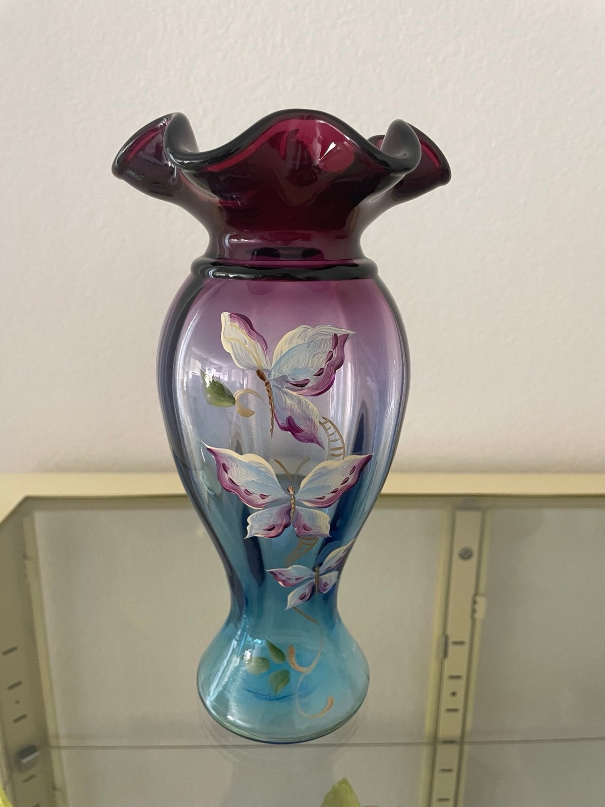 Fenton Art Glass Hand Painted Floral Mulberry Vase LIMITED
