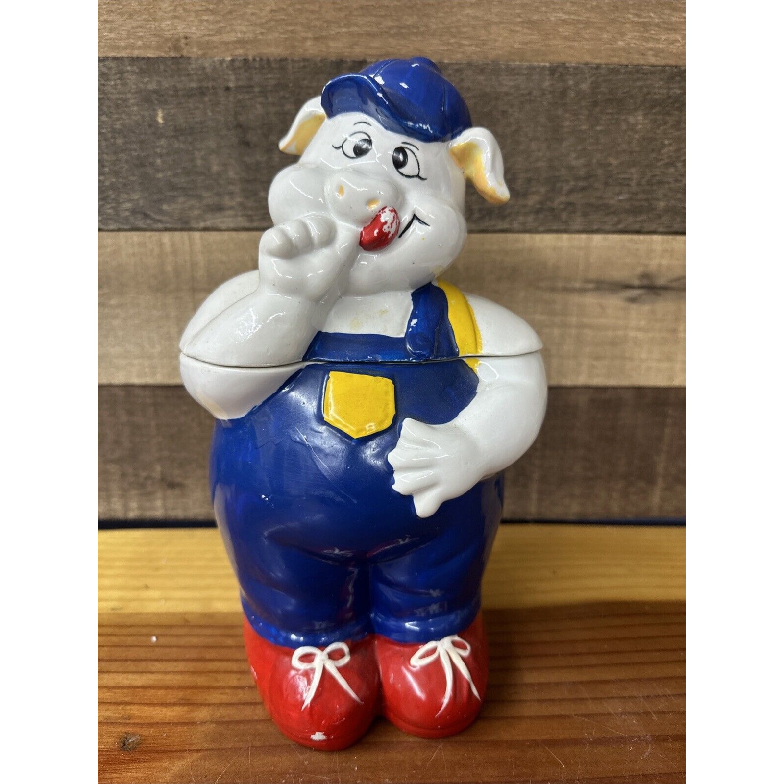 Vintage Cookie Jar-Ceramic Farmer Pig- MCM Farmhouse Antique Kitschy -paint Wear