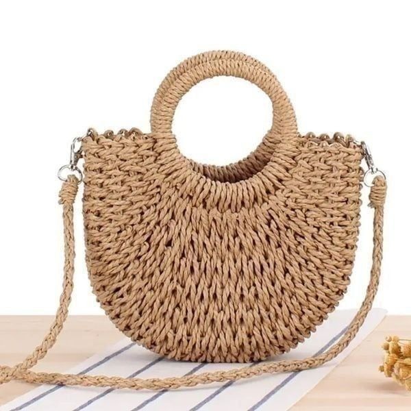 Woven Half Round Straw Beach Crossbody Bag