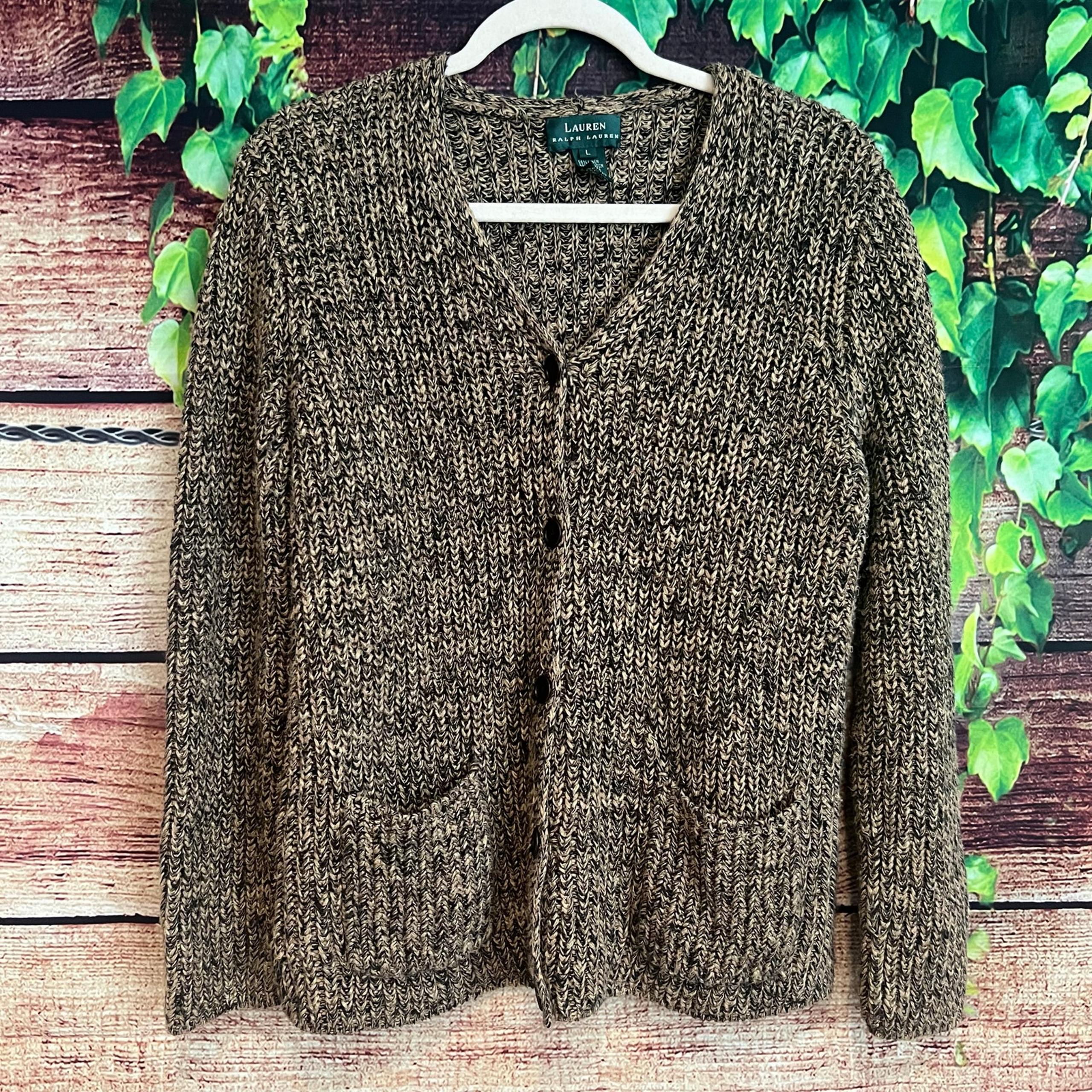 Lauren Ralph Lauren Chunky Knit Cardigan Sweater Womens Large Linen Cotton Brown