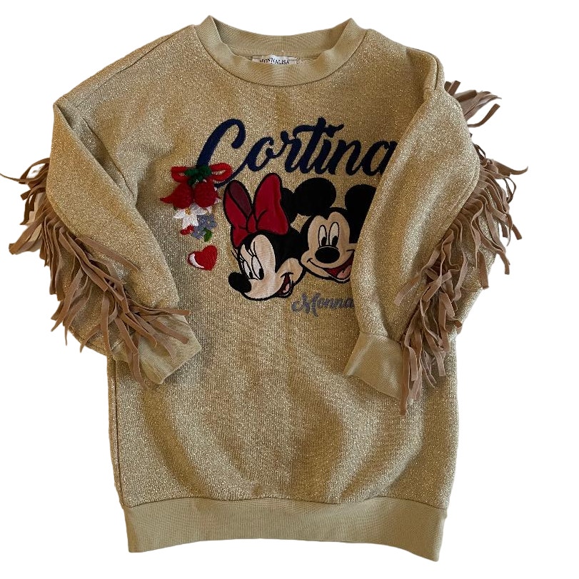 Monnalisa Cortina Print Dress in Gold with Mickey & Minnie Size 2
