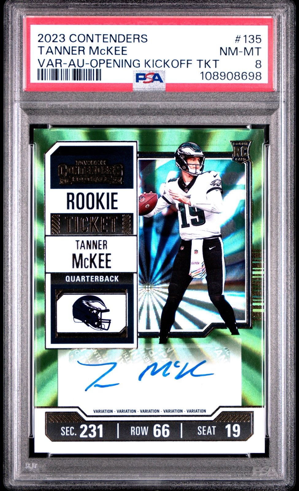 TANNER MCKEE 2023 CONTENDERS #135 ROOKIE AUTO GREEN LASER - PHILADELPHIA PSA 8