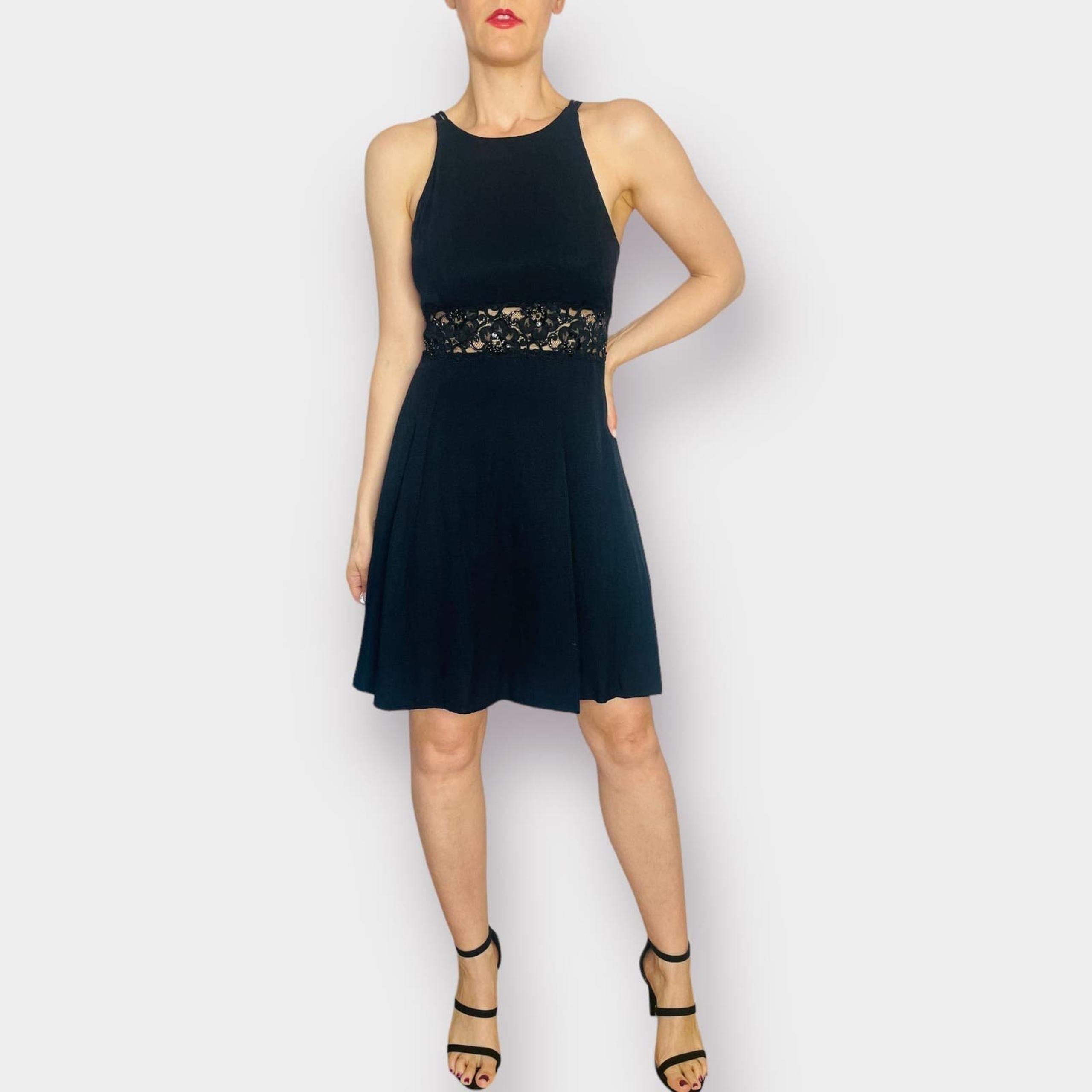 90s Betsy & Adam Black Party Dress with Sheer Lace Waistband