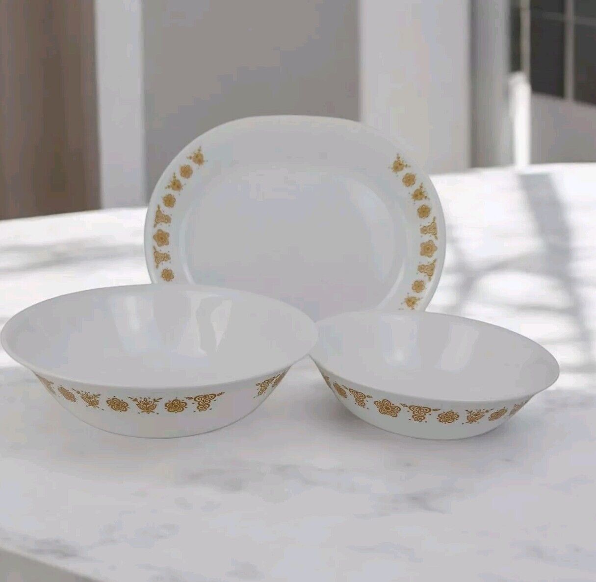 Vtg Corelle Butterfly Gold Set of 2 Serving Bowls & Serving Platter Made In USA