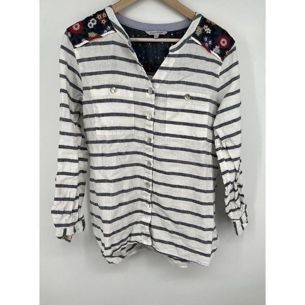 JOHN MARK Women's Size Medium Button Up Shirt Linen White Striped Floral