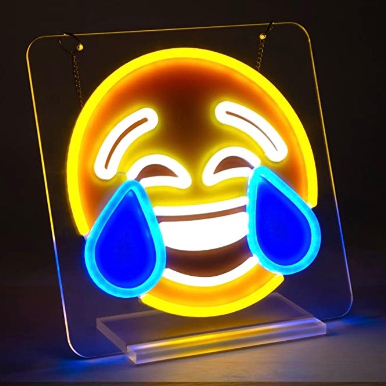 Fun Vivid Bright Yellow Crying Laughing Emoji LED Night Light Sign Room Wall Dec
