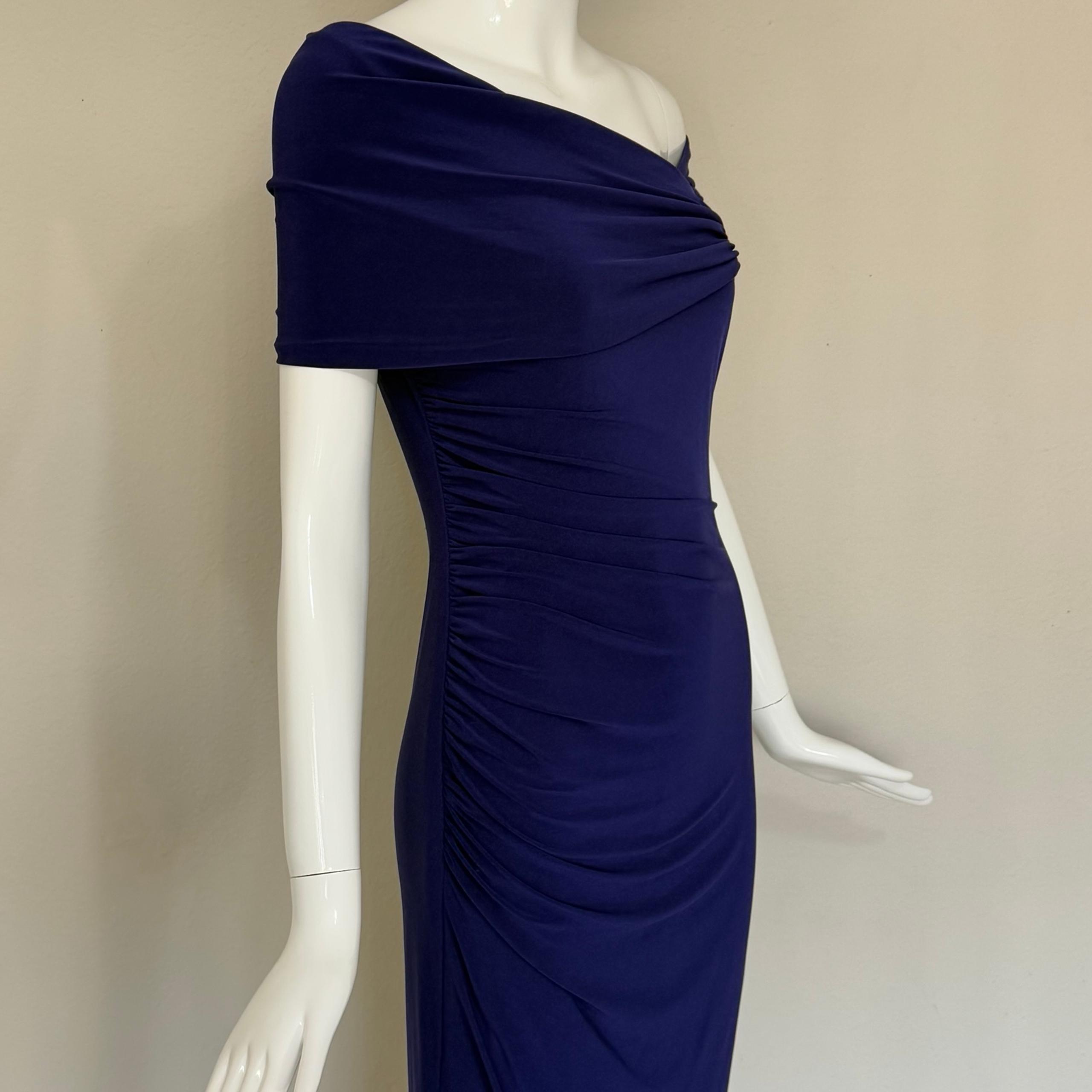 Badgley Mischka Draped One Shoulder Ruched Stretch Cape Dress Blue Size 4