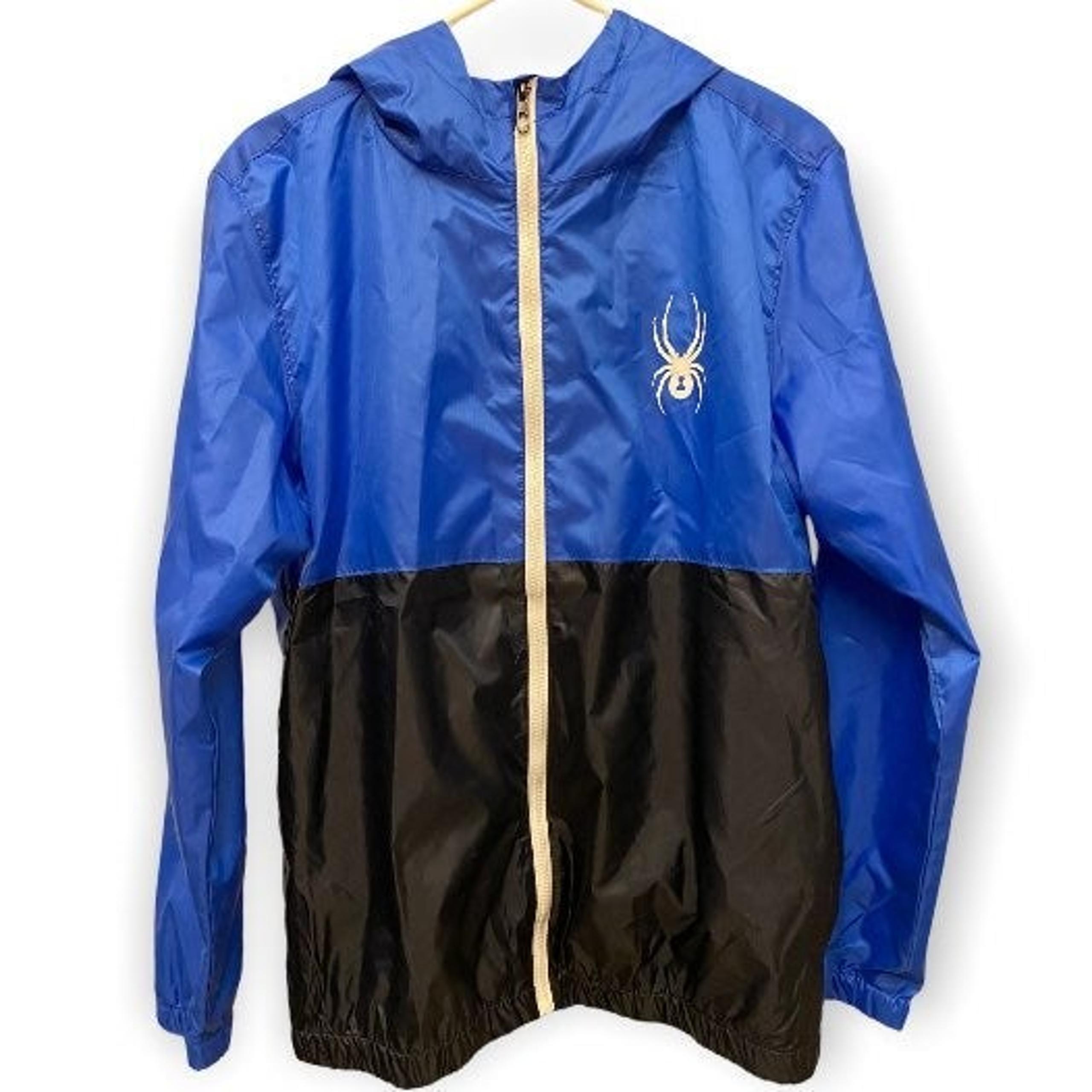 Spyder NWT Med Windbreaker Jacket, Mens, Black / Blue, Full Zip Hooded Rain Snow