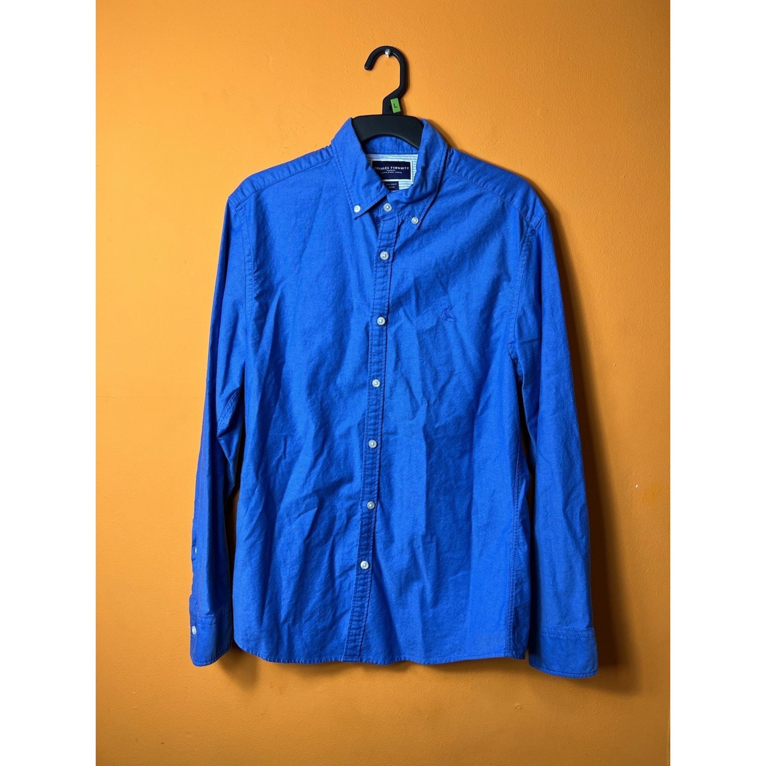 Charles Tyrwhitt Linen Button Up Shirt Medium Blue Embroidered Preppy Casual Men