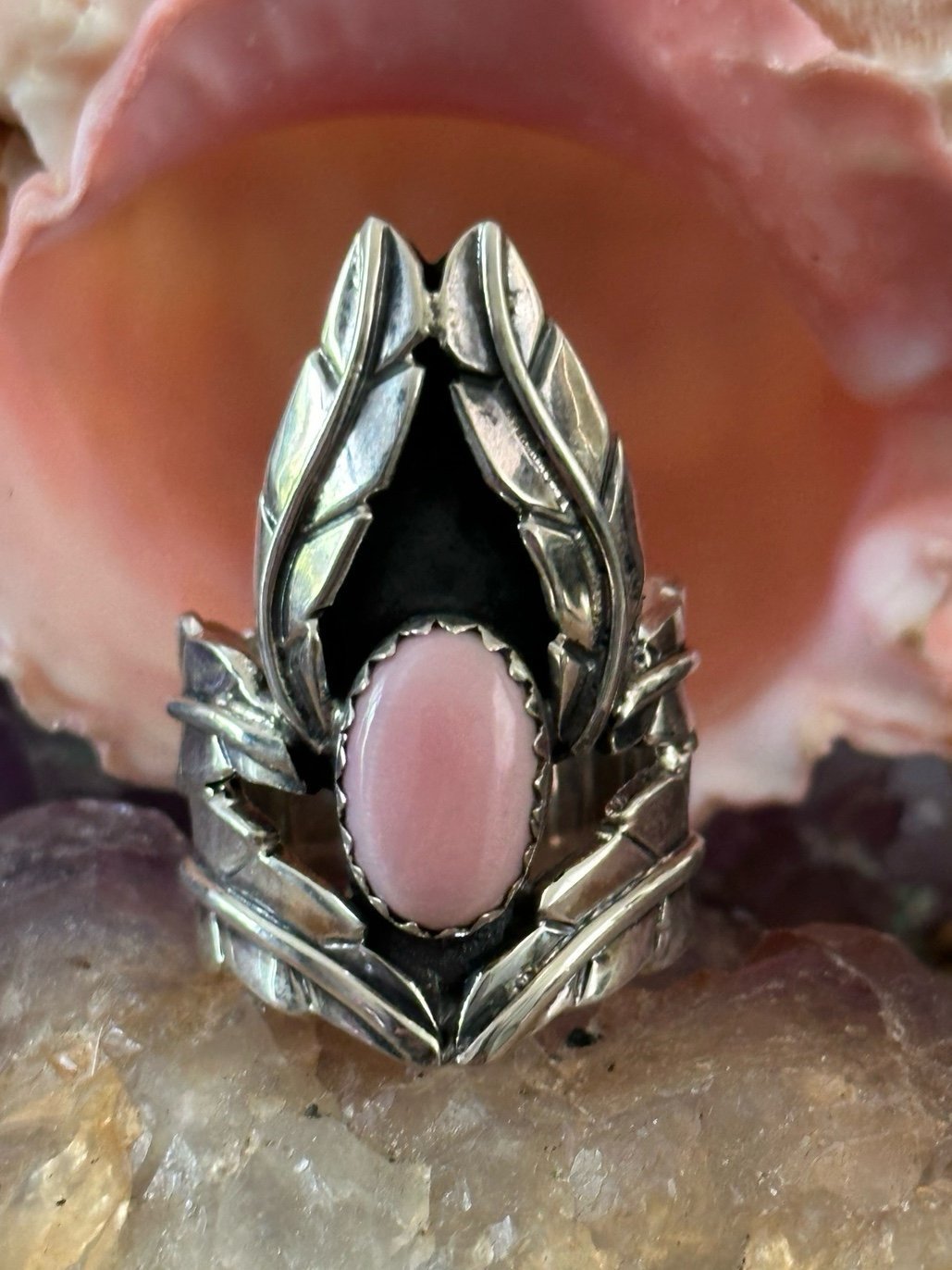 Pink conch southwestern sterling silver statement ring