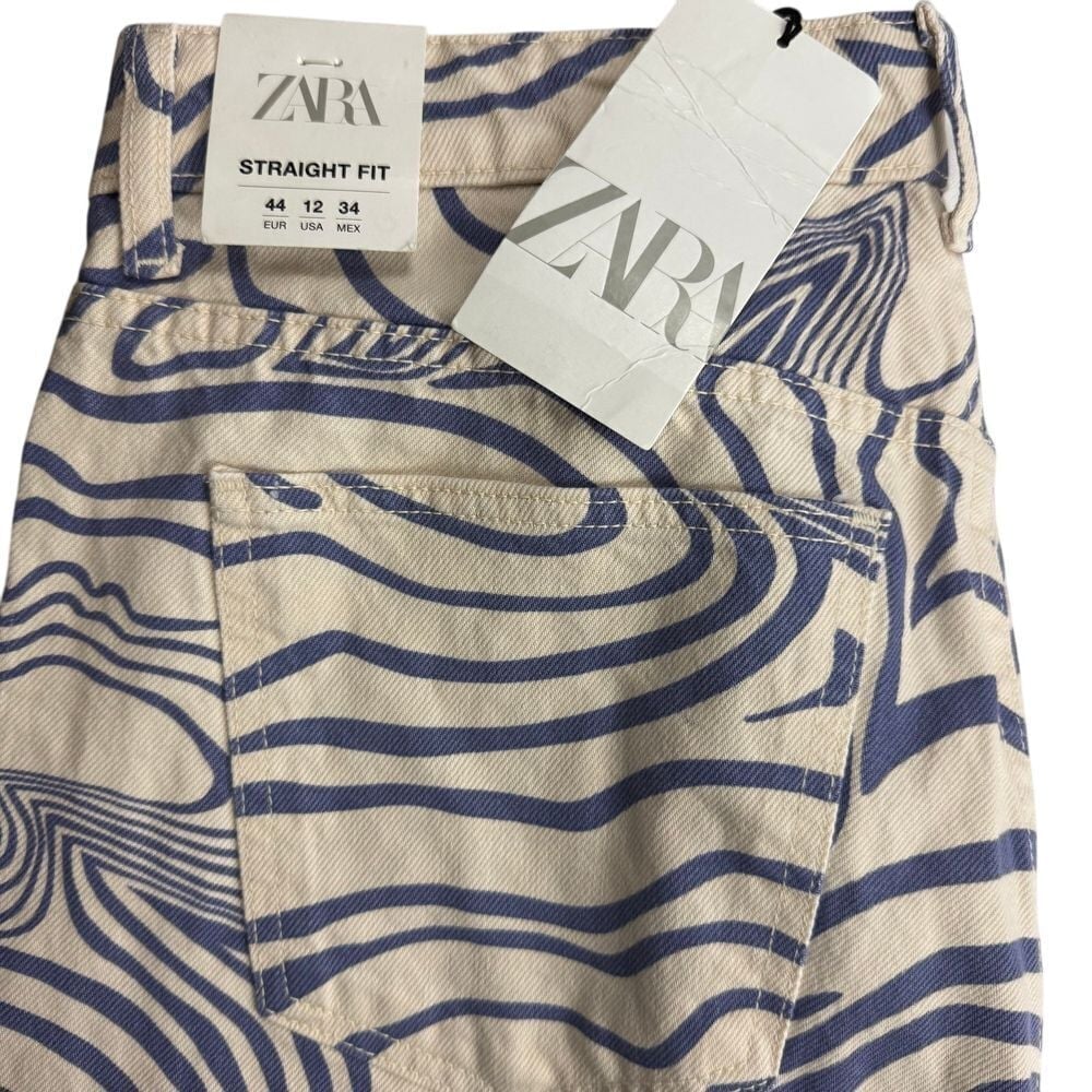 ZARA Womens Sz 12 Printed Straight Leg High Rise Swirl Cream Blue Jeans NEW