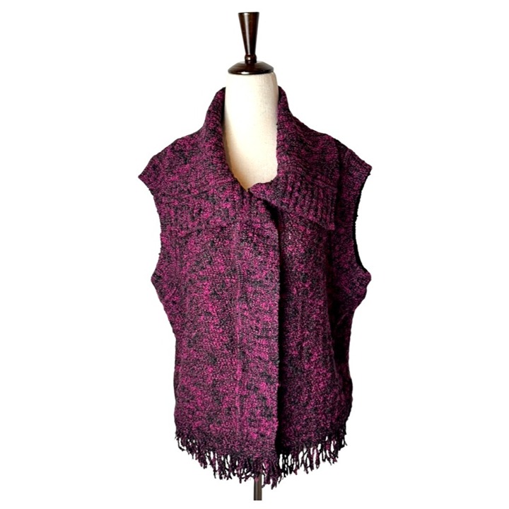 St John Vest Women Large Purple Black Wool Blend Knit Shawl Collar Fringed