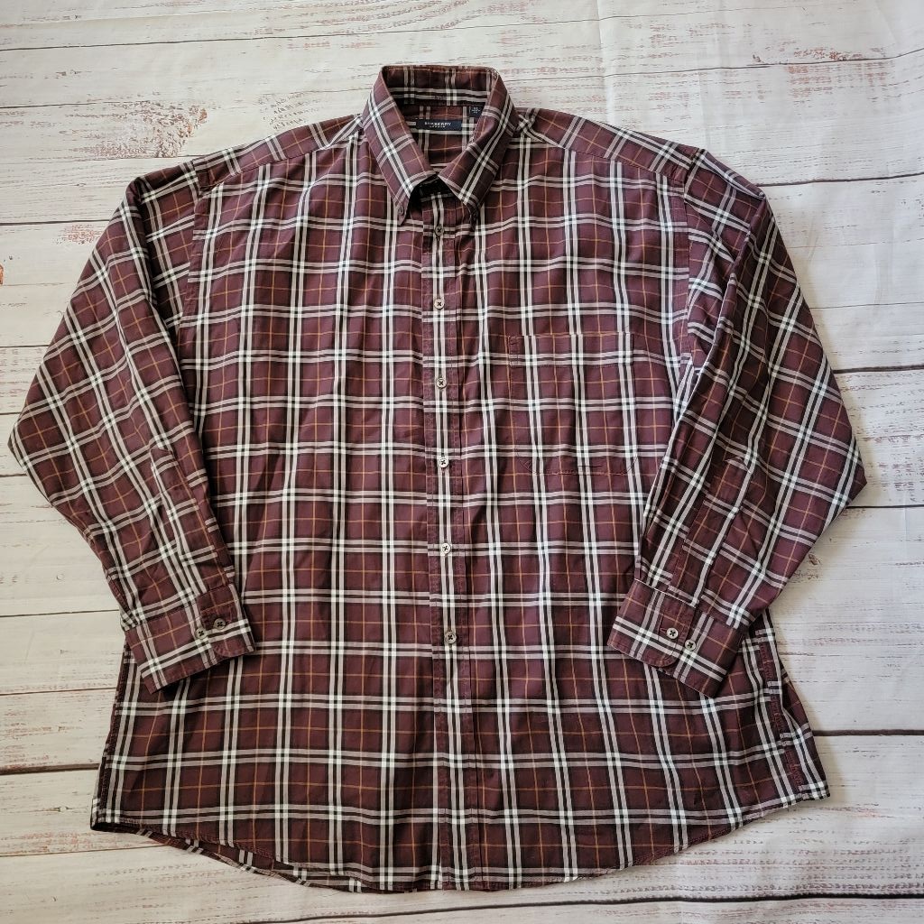 Vintage Burberry London Burgundy Grid Collared Cotton Button Up Mens XL