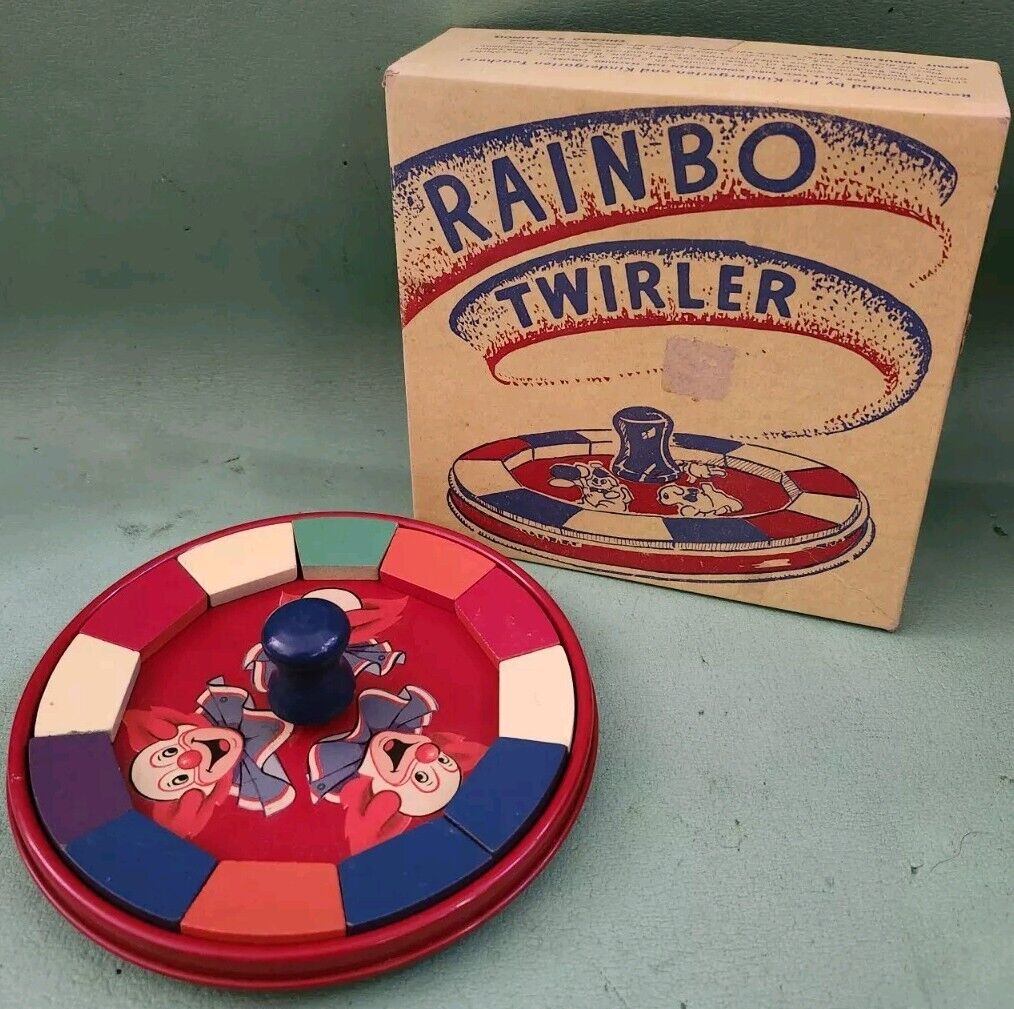 Vintage Nesbit Rainbo Twirler Tin Toy Colorful Rainbow Twist Game with Box, RARE