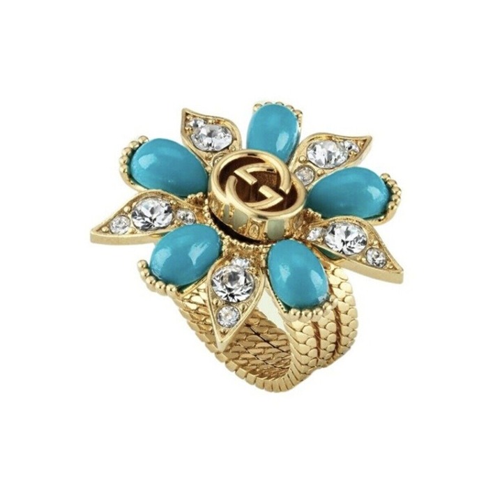 New GUCCI Ring FLOWER CRYSTAL GG SIZE S GOLD Blue Interlocking