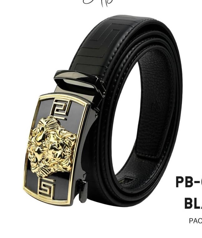 Lion Head Big Gold Emblem Black Strap Retractable Belt
