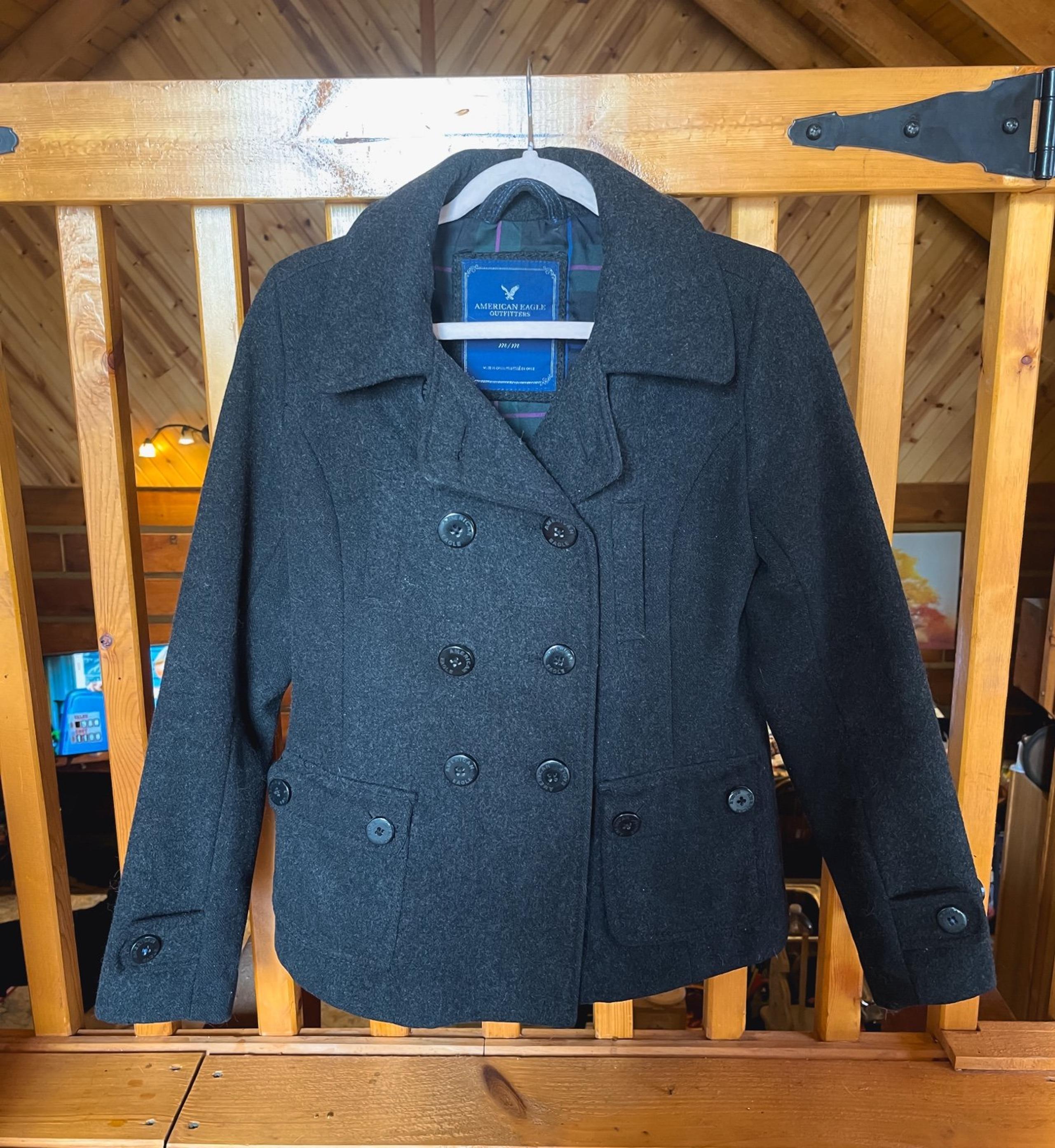 American eagle women’s medium dark grey wool pea coat.