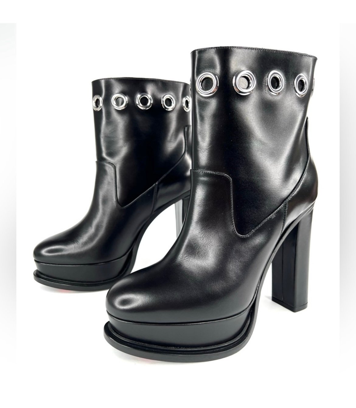 Alexander McQueen Eyelet Detailed Black Leather Platform Heel Boots Size EU 38.5