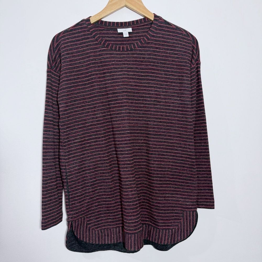 New J. Jill Fleece Striped Dark Gray & Red Long Sleeves Size XS
