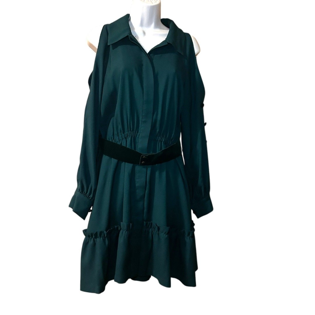 Eliza J Dark Green Button Up Dress With Belt