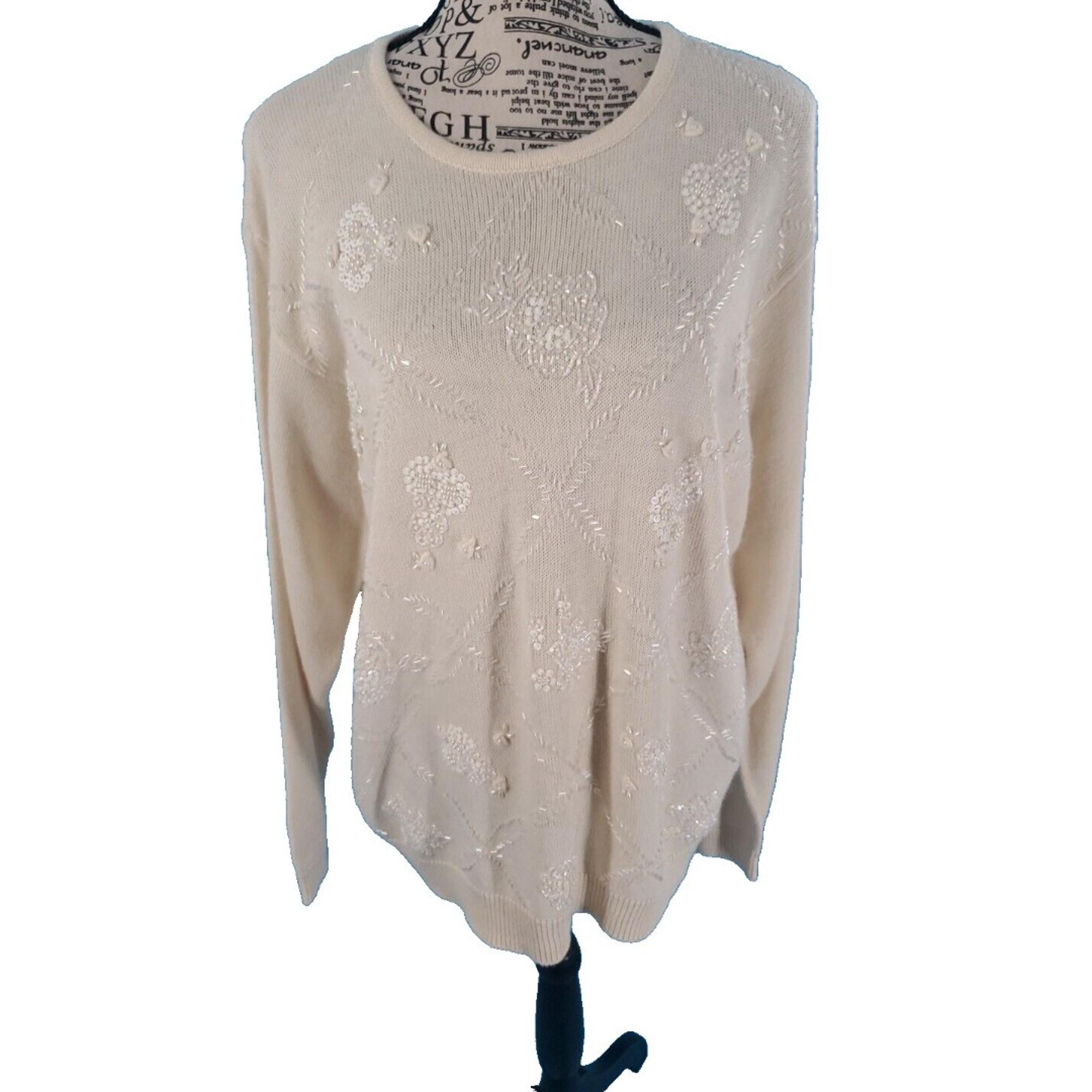 Women Xl Wool Blend Sweater 80's Beaded & Sequins Floral Vintage Alfred Dunner
