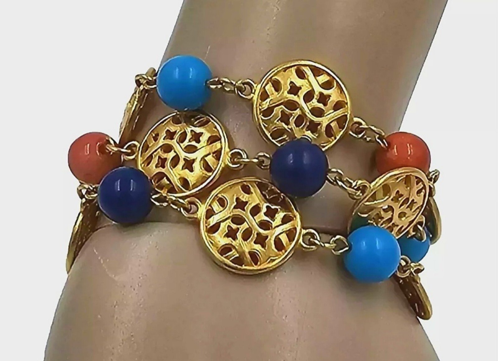 Vintage BEN AMUN Gold Disk & Colorful Bead Multi-chain STATEMENT Bracelet