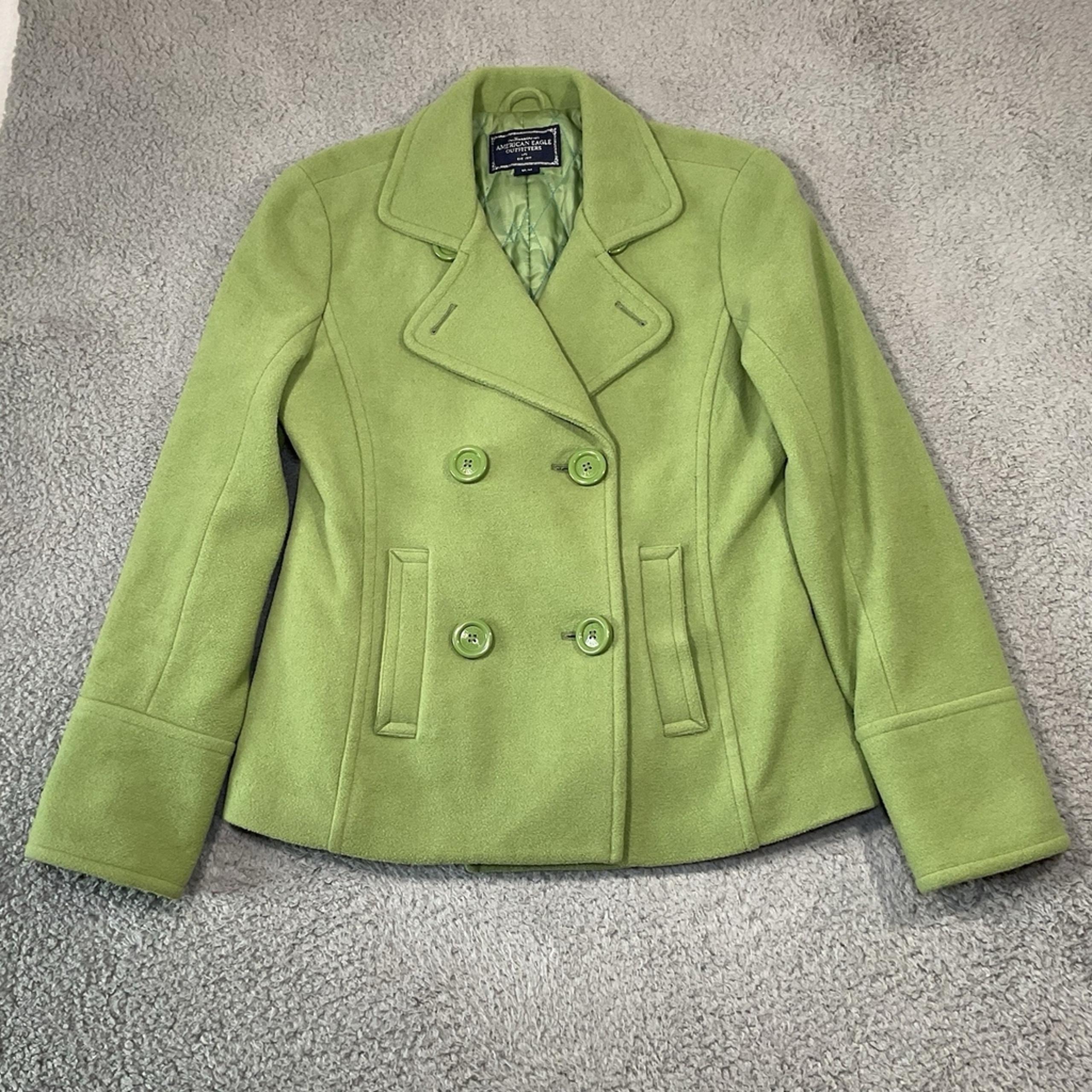 American Eagle Peacoat Jacket Women's M Green Double Breasted Button Nylon Lined