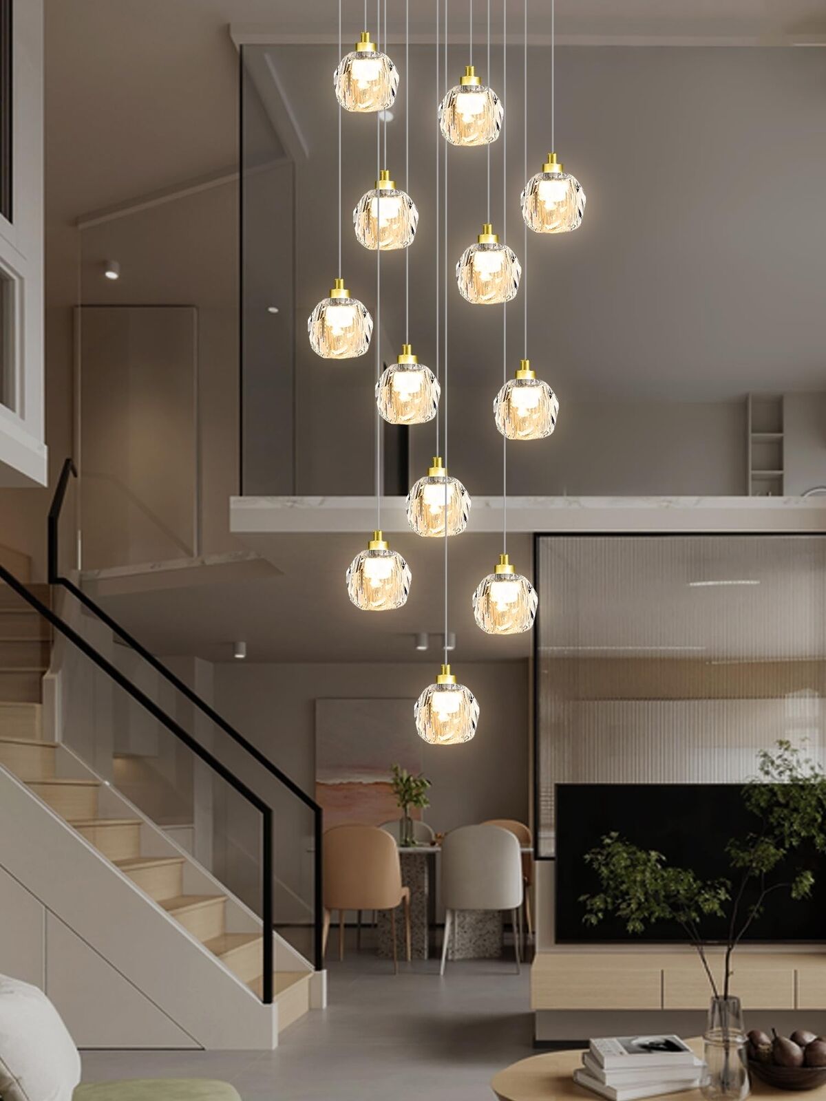 IDEQUY Dimmable High Ceiling Staircase Chandeliers for Foyer Entrance Crystal