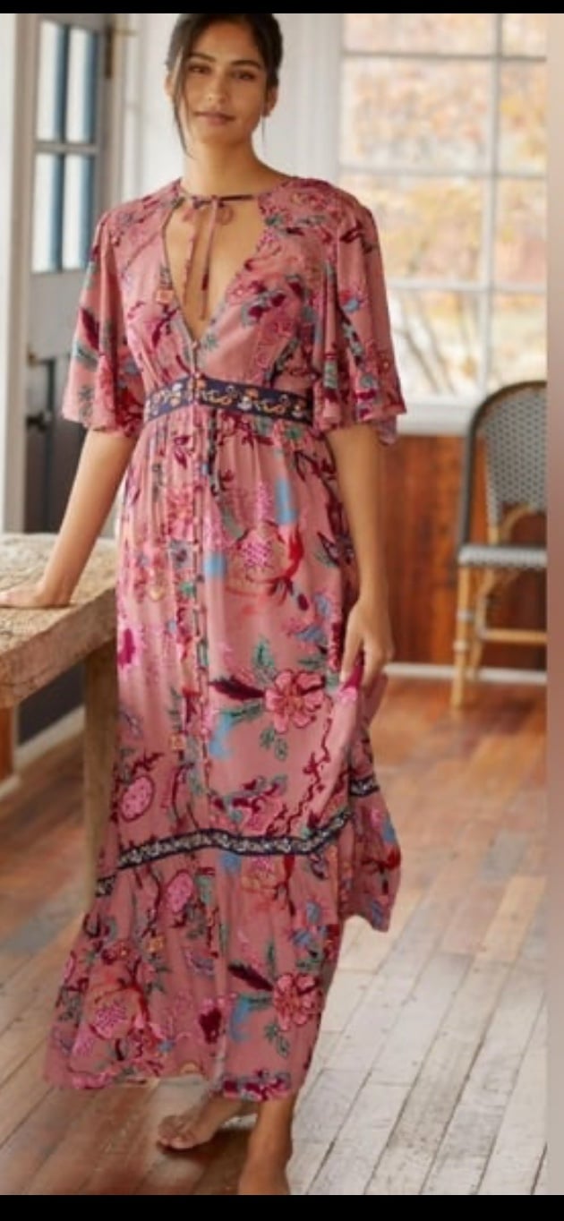 Anthropologie Ruffled Embroidered Maxi Dress Size XS petite pink rose NWT 148
