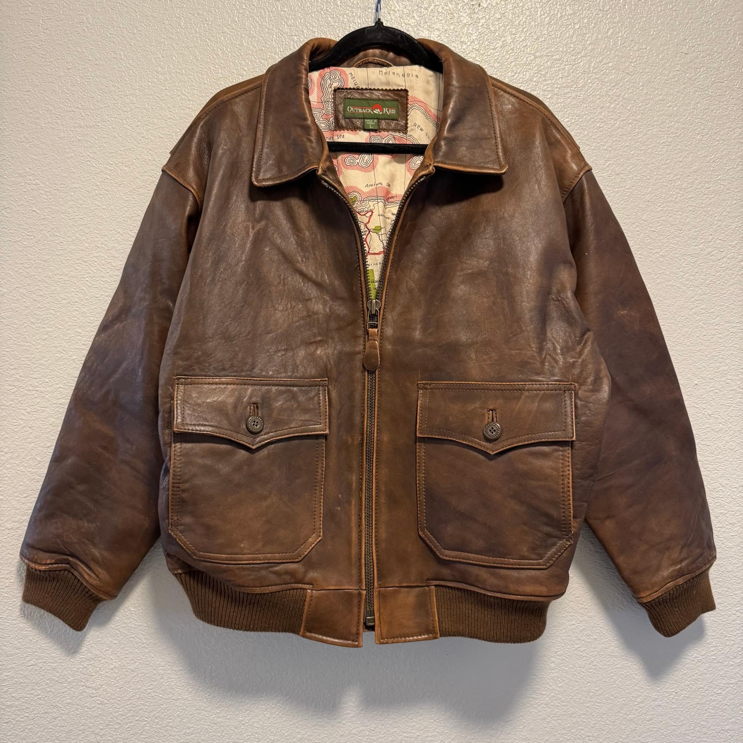 Vintage Outback Red Aviator Pilot Men Large Lambskin Leather Jacket Brown