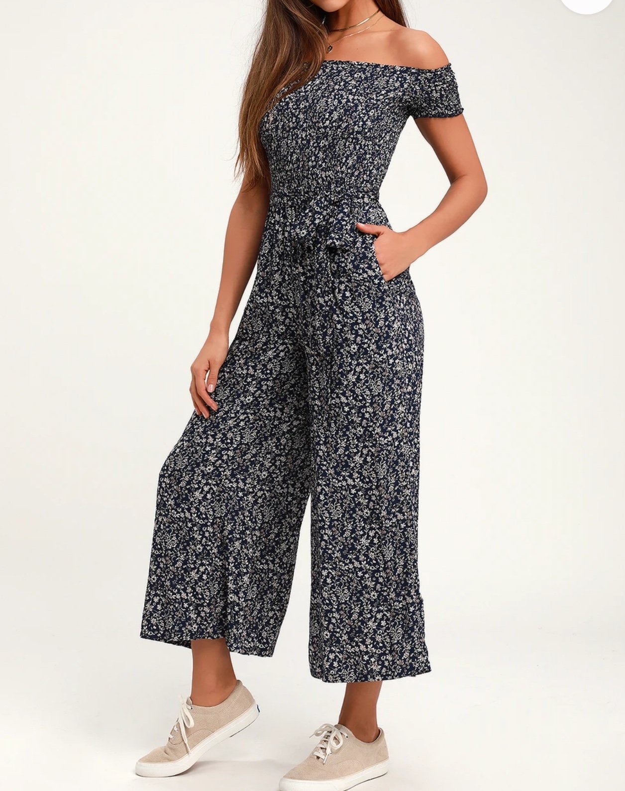 Lulus Behold Navy Blue Floral Print Off-the-Shoulder Jumpsuit, Size L