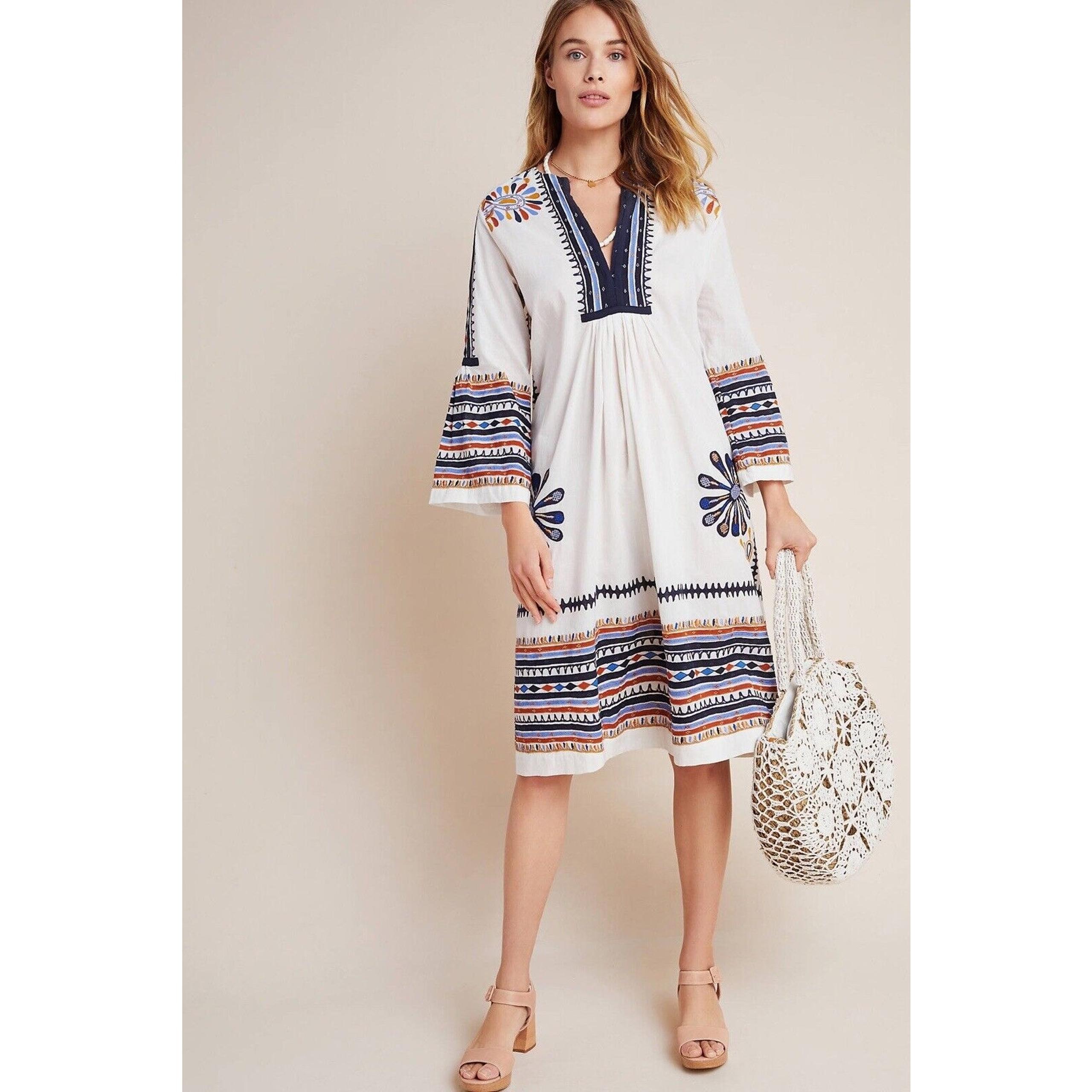 Antik Batik Malika Kaftan Dress White Embroidered Cotton Large NWT