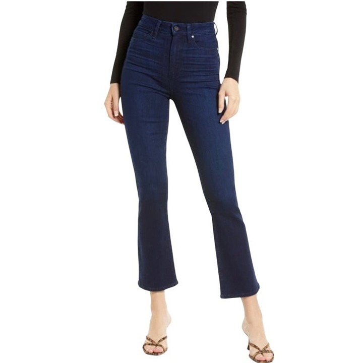 Paige Womens Femme High-Rise Dark Wash Flare Cropped Jeans Size 28